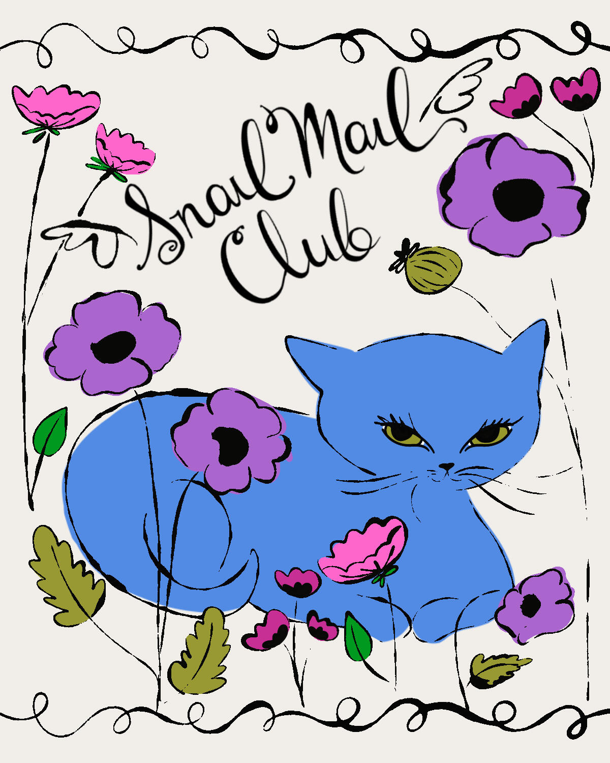 Blue cat in flowers with handwritten script reading "Snail Mail Club." Illustration by artist Desi Lucia.