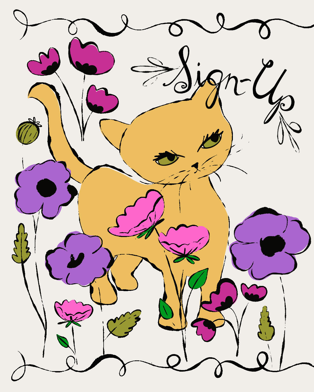 Yellow cat in flowers with handwritten script reading "Sign Up." Illustration by artist Desi Lucia.