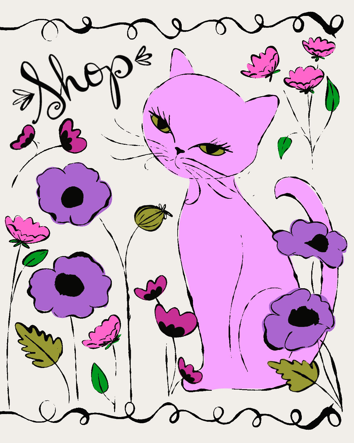 Shop Desi Lucia art at TheRoyalMoggy.com Pink cat in flowers with handwritten script reading "Shop." Illustration by artist Desi Lucia.